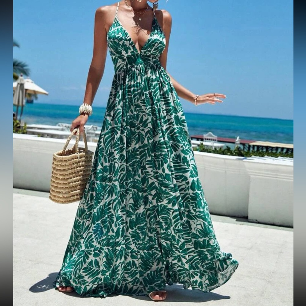 Boho floral tropical  print crisscross back maxi dress
